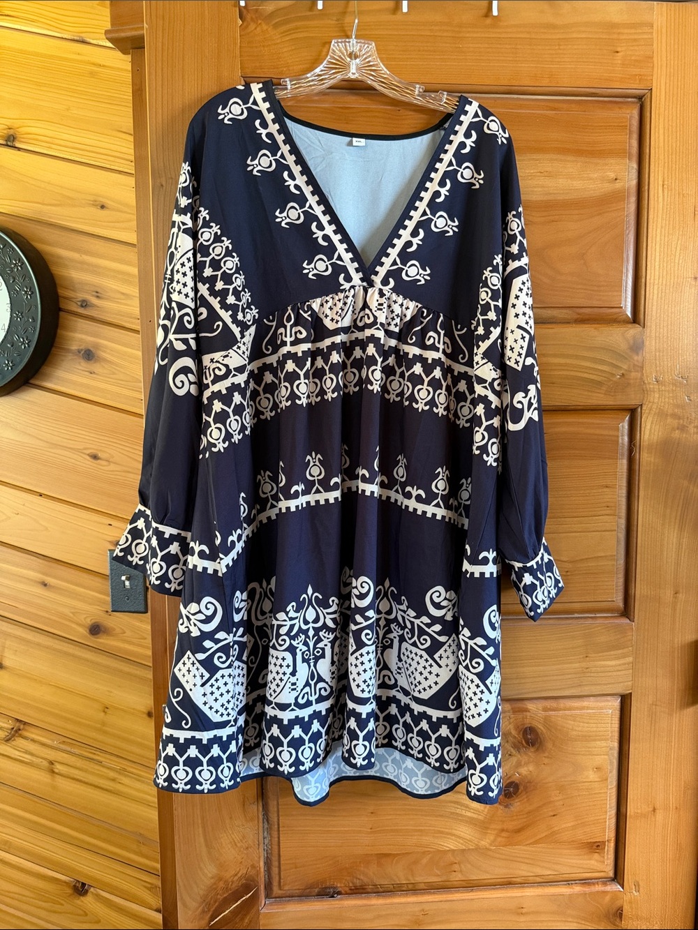 Navy and White V-Neck Boho Tunic Dress